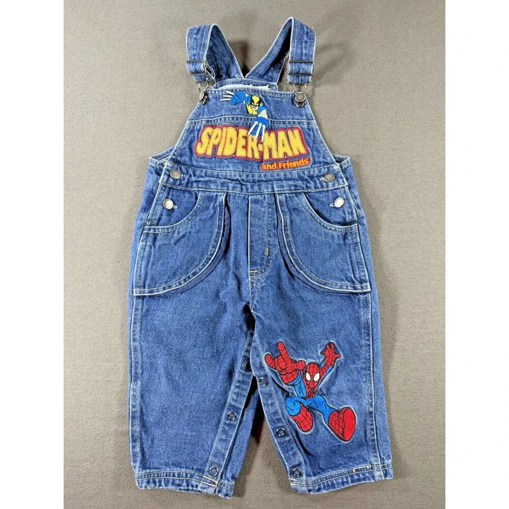 Vintage Marvel Spider-Man & Friends Overalls Sz 18M Embroidered Denim Wolverine